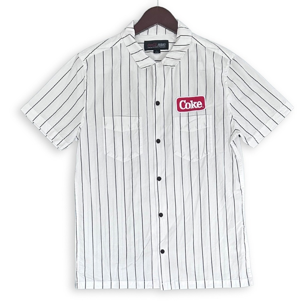 Coca-Cola x Aeropostale Mens S Coke Patch Logo Striped Button-Down Uniform Shirt